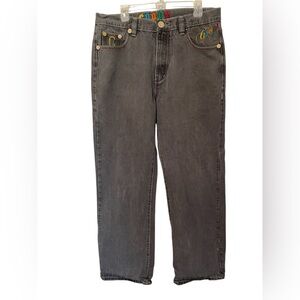 Coogi Australia Men’s Wide Leg Y2K Jeans 38 x 34 Red Stitch Faded Black Hip Hop